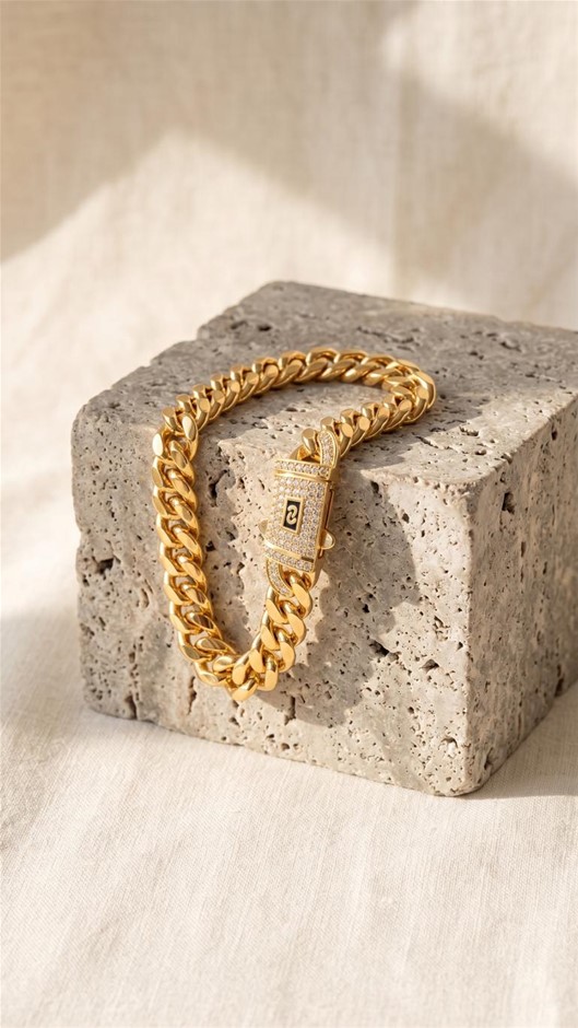 14K-Stamped Yellow Gold Bonded Cuban Bracelet -22cm-10mm-Bonus Gift