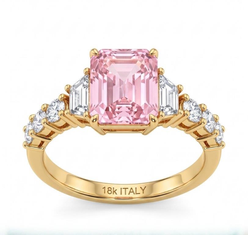 18K/Italy 3.0ctw Pink Emerald Cut Yellow Gold Bonded Ring Quality-7US