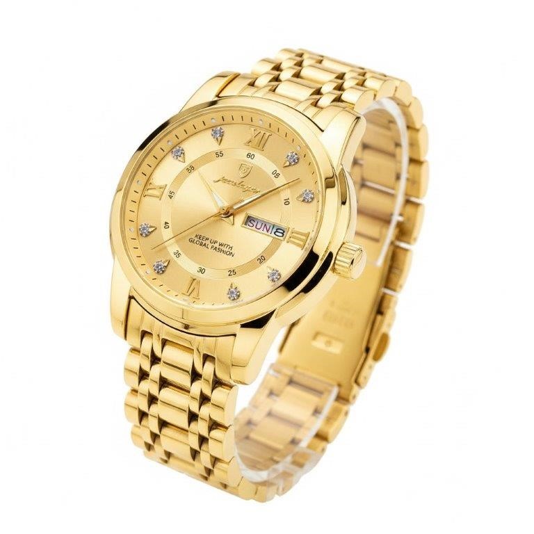 POEDAGAR Men's Blue Dial Two-Tone Day Date Quartz Watch with Gift Box