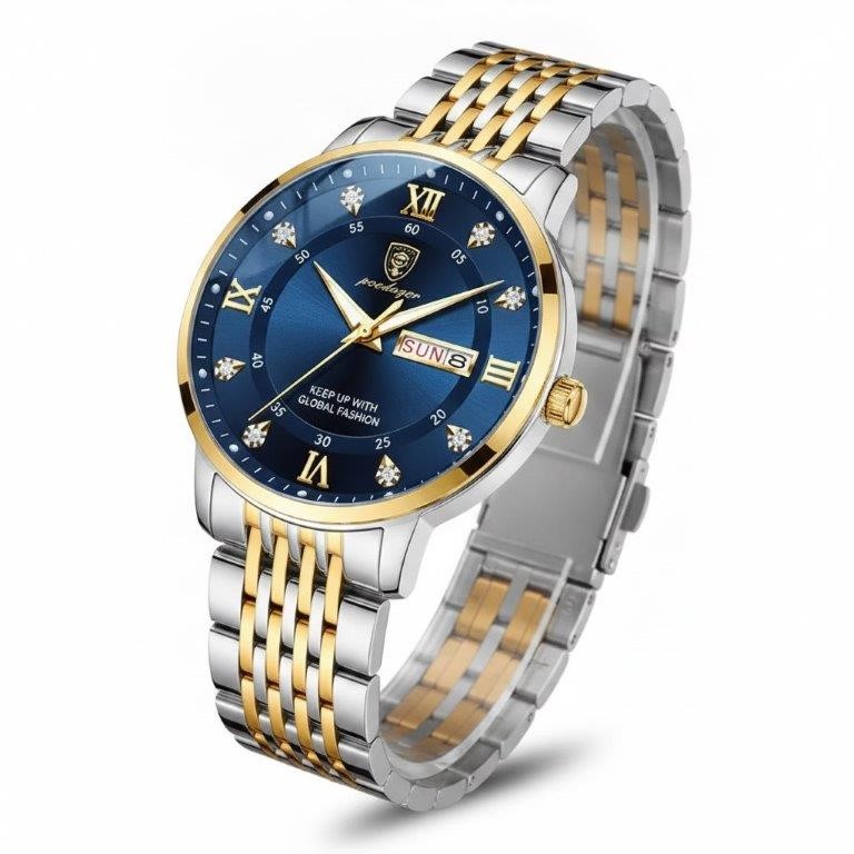 POEDAGAR Men's Two-Tone Blue Dial Quartz Watch Gift Box – Day Date Display