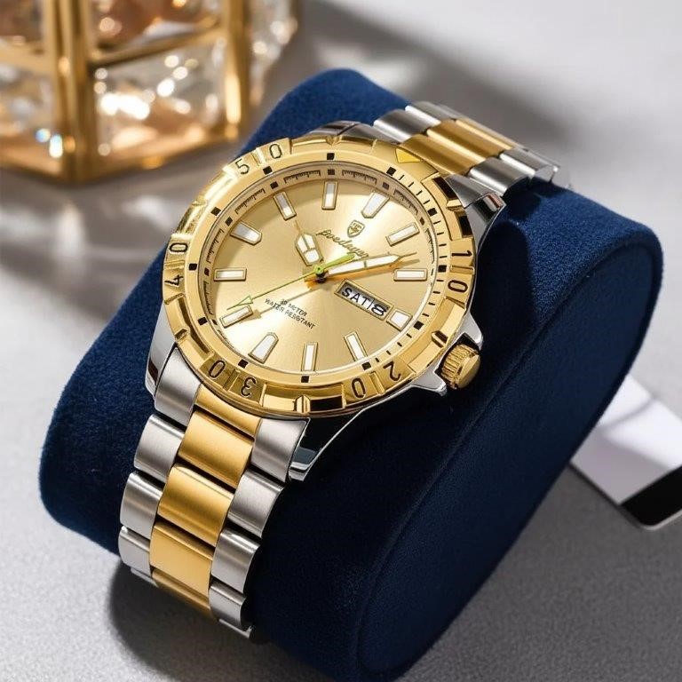 POEDAGAR Men's Two-Tone Gold & Silver Day Date Quartz Watch with Gift Box