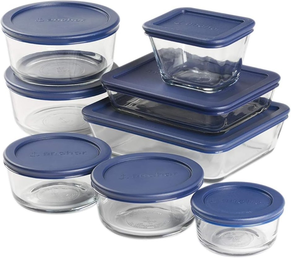 ANCHOR Hocking 16 Piece Round and Rectangle Glass Food Storage Containers w