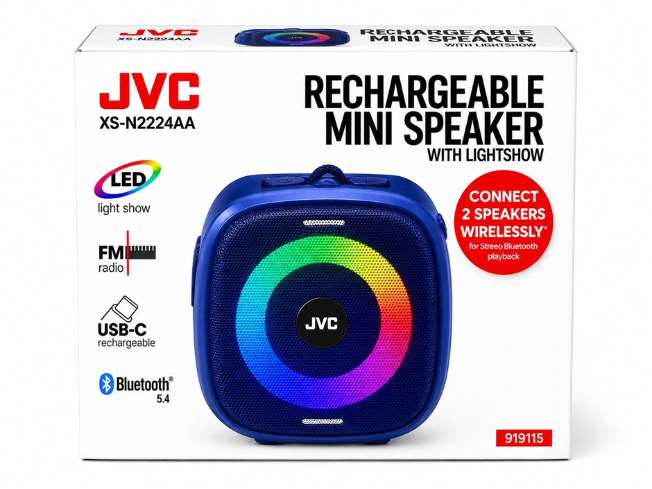 JVC Rechargeable Mini Speaker with Lightshow (120mm x 120mm x 100mm) NB: mi