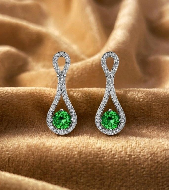 925 Sterling Silver Green Earrings Simulated Diamonds