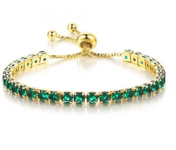 925 Sterling Silver Tennis Bracelet Green Simulated Diamonds-Adjustable