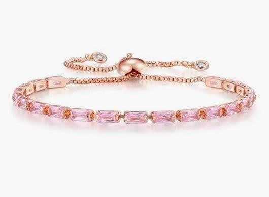 925 Sterling Silver Bracelet Pink Emerald Cut Simulated Diamonds-Adjustable