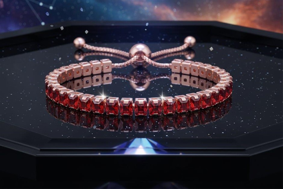 925 Sterling Silver Tennis Bracelet Red Simulated Diamonds-Adjustable