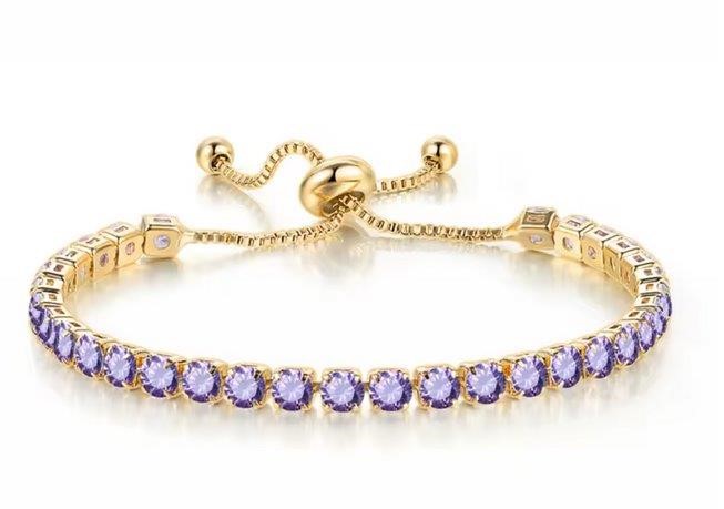 925 Sterling Silver Tennis Bracelet Purple Simulated Diamonds-Adjustable