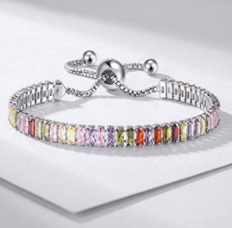 925 Sterling Silver Bracelet Emerald Cut Simulated Diamonds-Adjustable