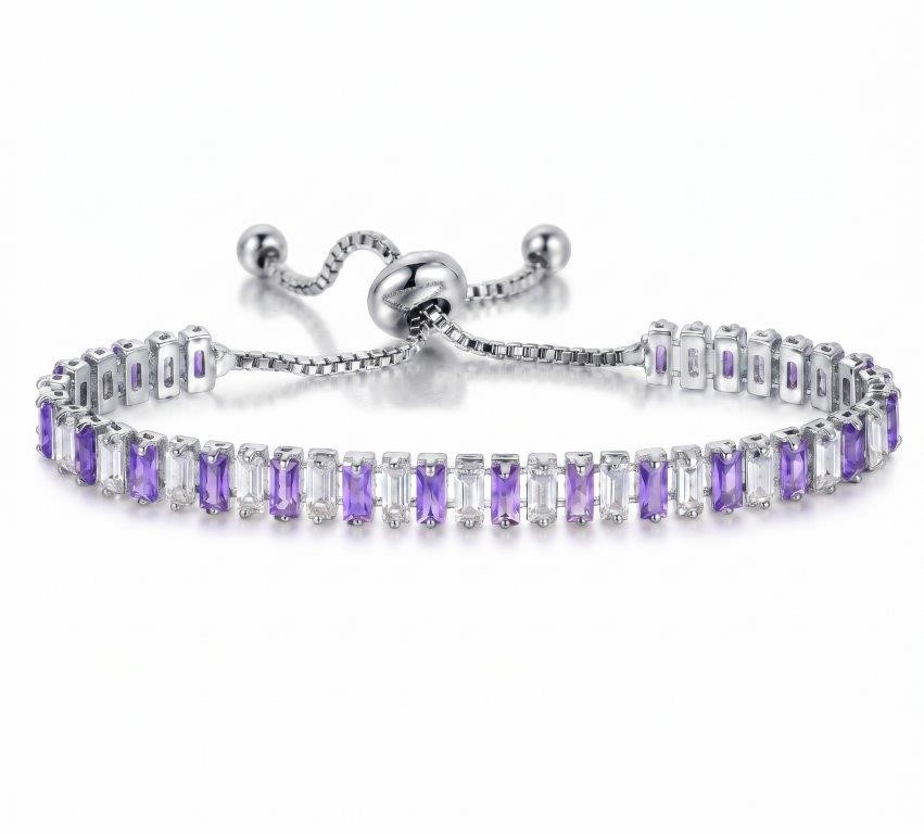 925 Sterling Silver Bracelet Emerald Cut Purple, White Simulated Diamonds