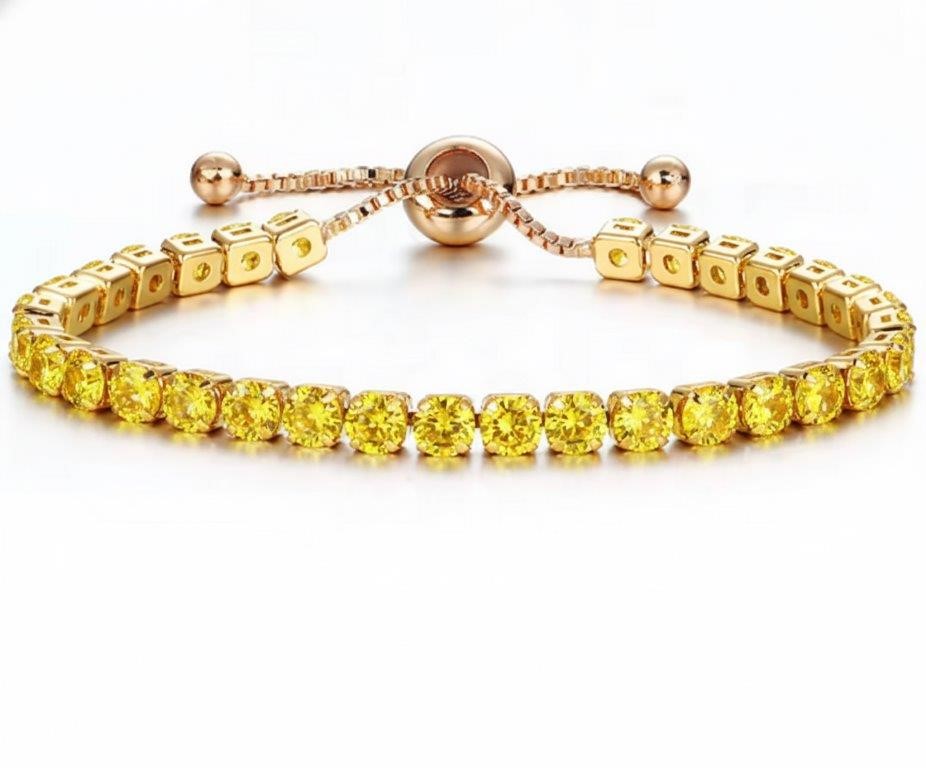 925 Sterling Silver Tennis Bracelet Golden Simulated Diamonds-Adjustable