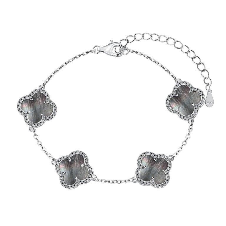 Shell Pearl Four Leaf Clover 925 Sterling Silver Tennis Bracelet