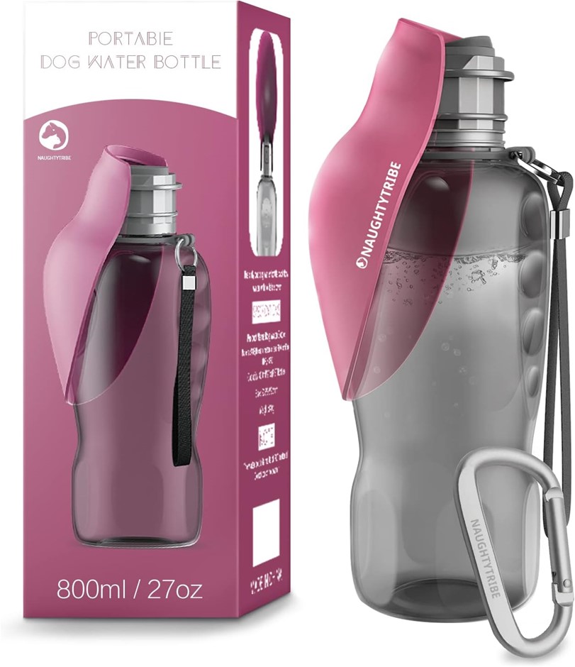 NAUGHTYTRIBE Portable Dog Water Bottle, 800ml, Pink.