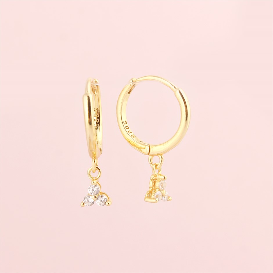 Dainty Dangle Hoop 925 Sterling Silver Earrings with Zircon-18K Gold Plated
