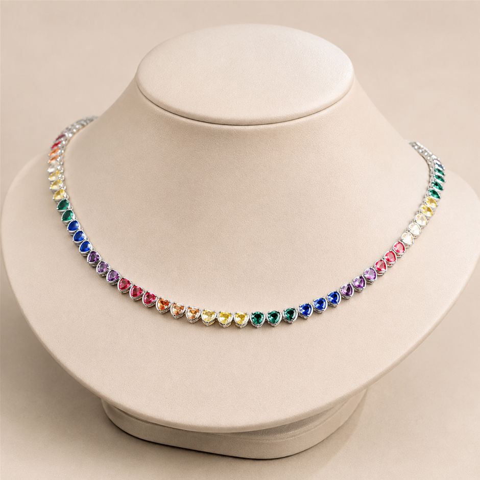 Rainbow Heart AAA+ Cubic Zirconia Tennis Necklace