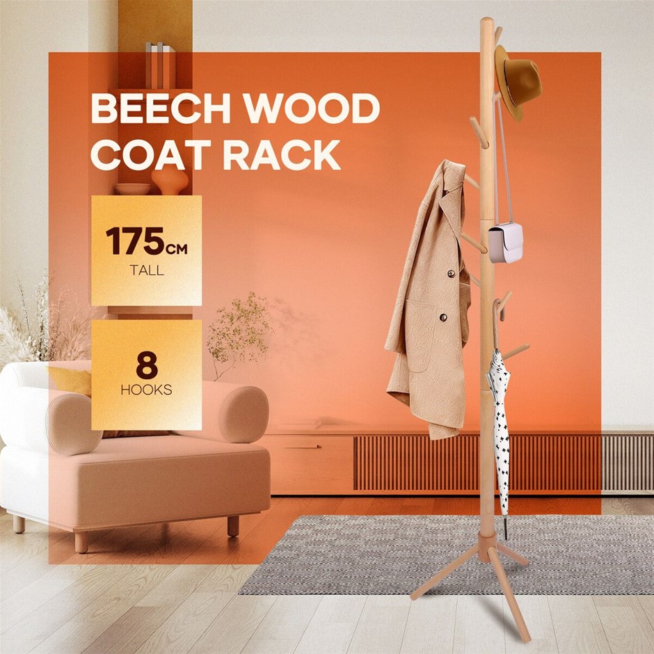 Wooden Coat Rack Stand 8 Hooks 3 Adjustable Sizes 175x40cm