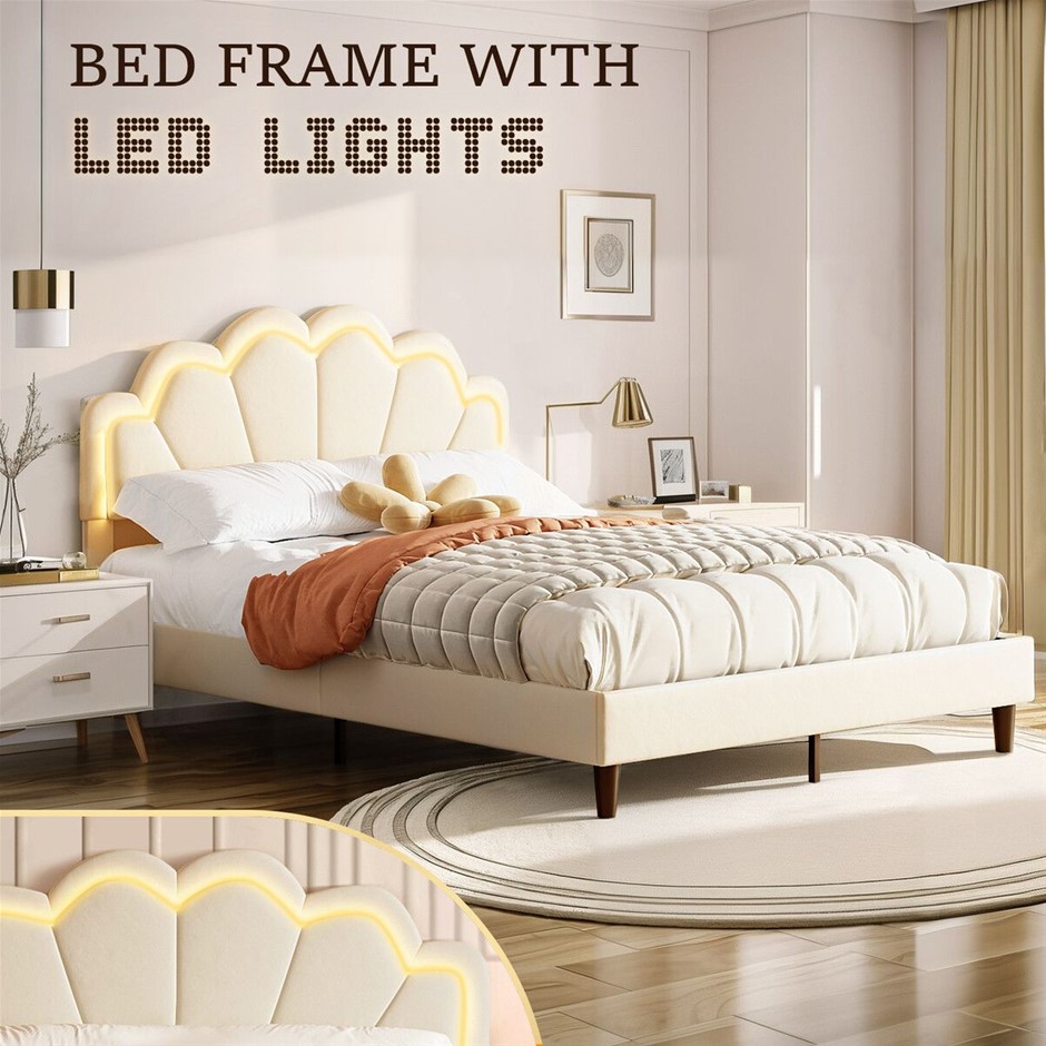 Wood Queen Bed Frame with LED Headboard Metal Platform White