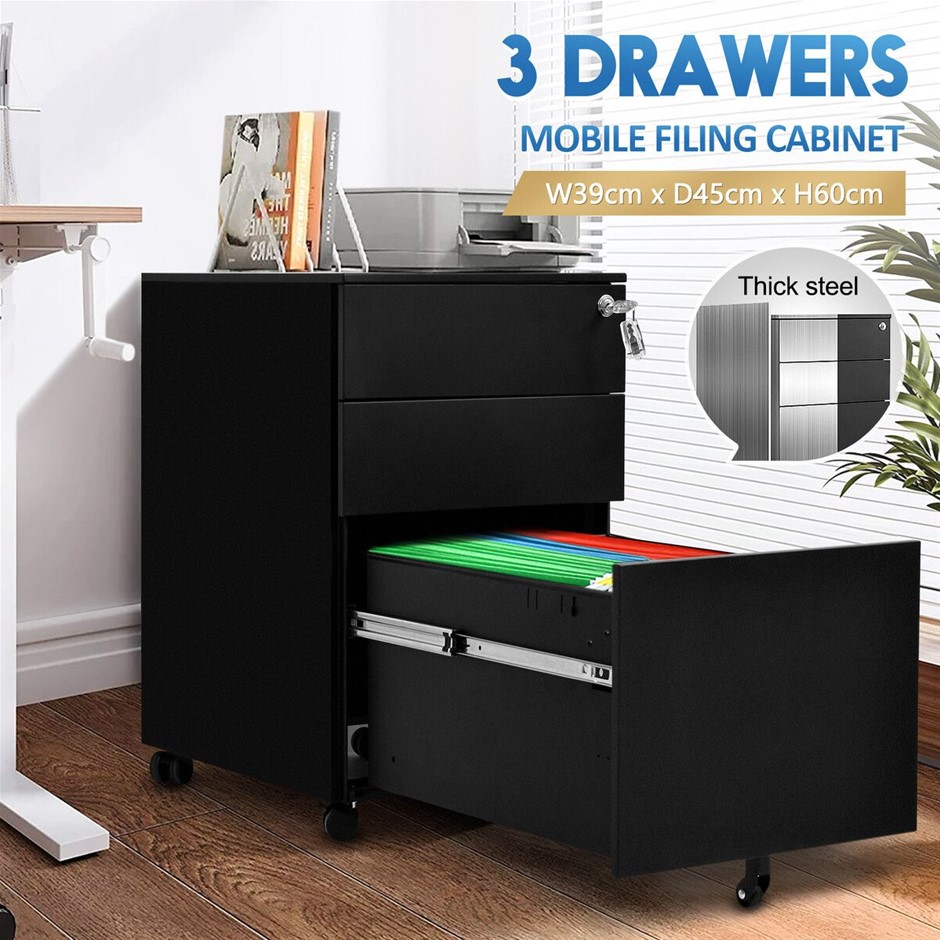 3-Drawer Steel File Cabinet Mobile Locking Under Desk Office Storage Black