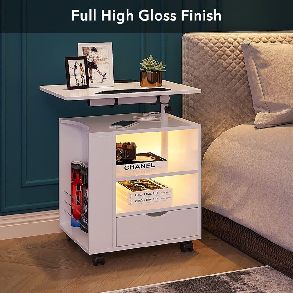 Smart Bedside Table LED Cabinet with Drawer USB Type-C Laptop Adjustable