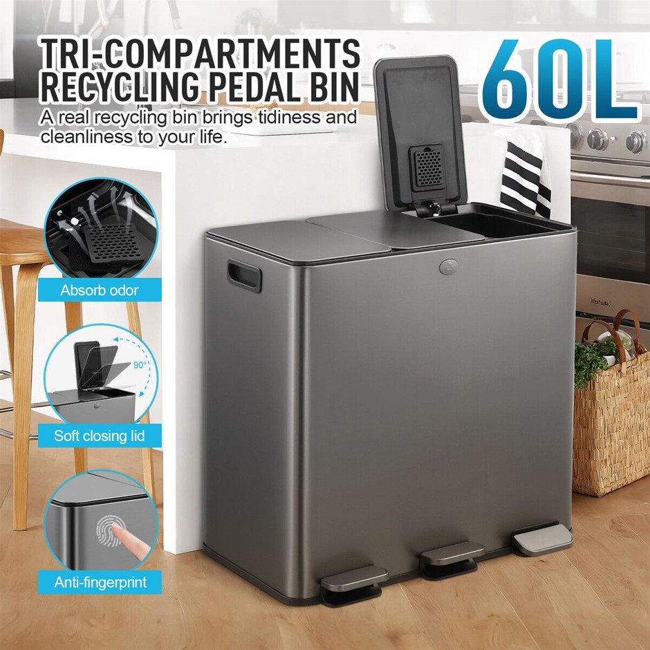 60L 3-Compartment Pedal Bin Stainless Steel Black
