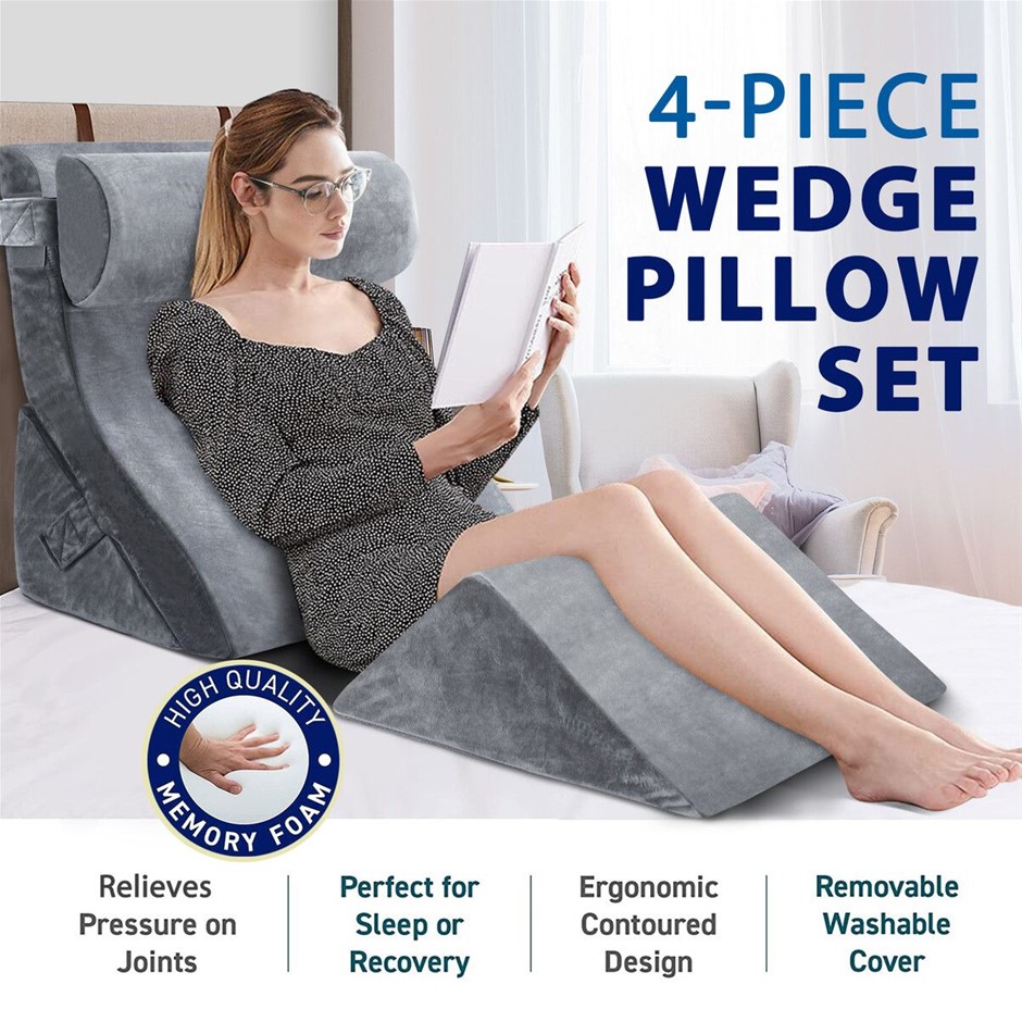 4Pcs Memory Foam Wedge Pillow Set Head Neck Back Leg Support Adjustable