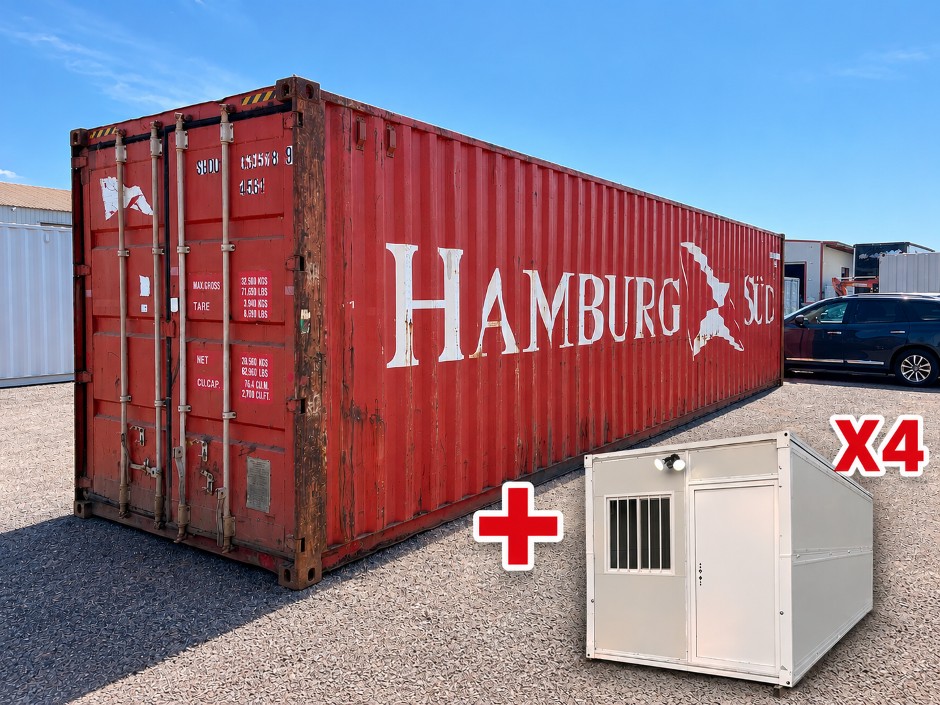 Container and Contents (4 x Folding Portable Buildings)