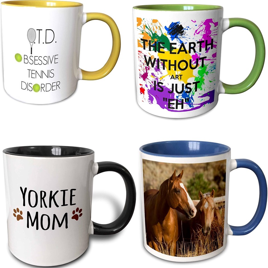 Assorted Box (30+) of Coffee Mugs with Printed Designs. NB: Photo Represent