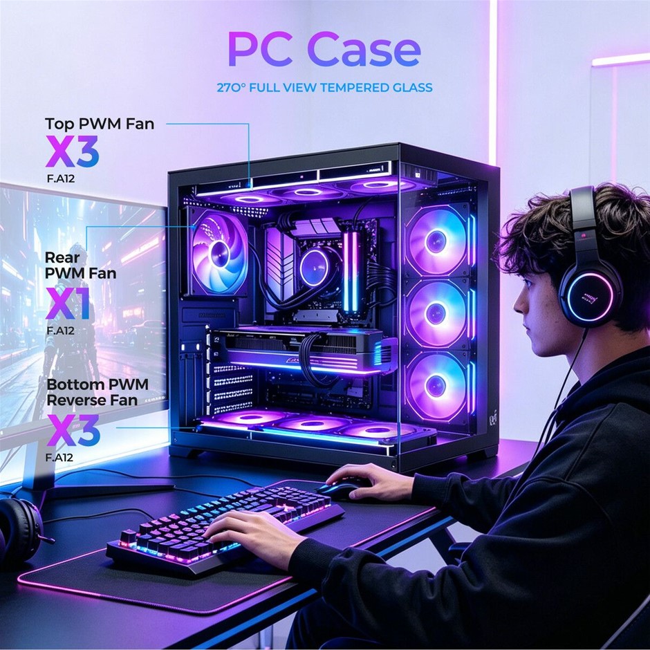 ATX Gaming PC Case Mid Tower Dual Chamber 7 ARGB PWM Fans USB-C 360mm ...