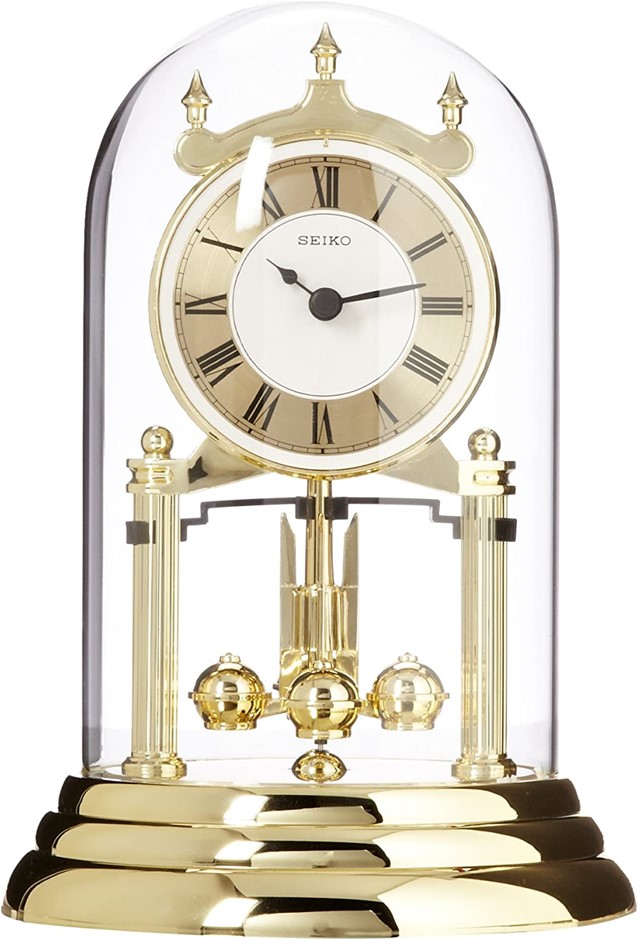 SEIKO 9 Inch Anniversary Mantel Clock with Glass Dome & Rotating Pendulum.