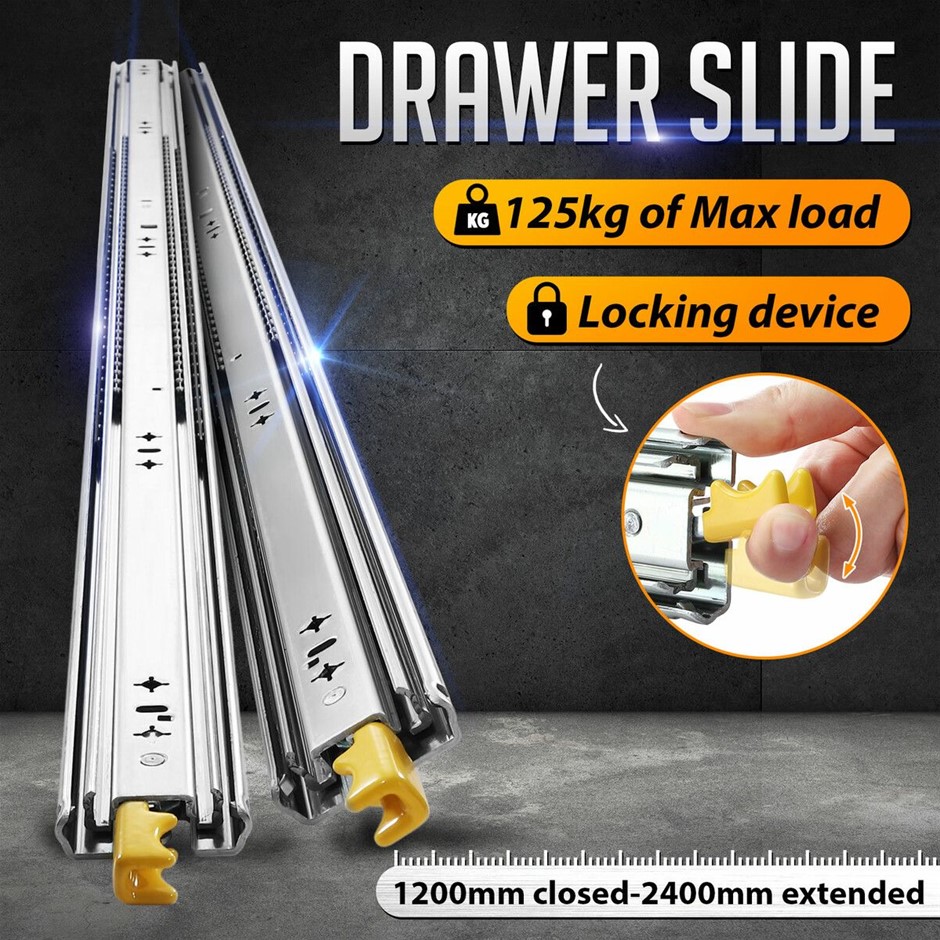Heavy Duty Drawer Slides 125kg Locking Ball Bearing 1200-2400mm