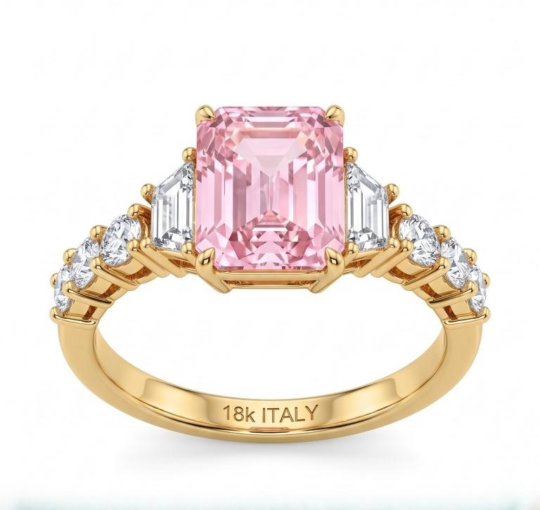 18K/Italy 3.0ctw Pink Emerald Cut Yellow Gold Bonded Ring(stamped) 8US