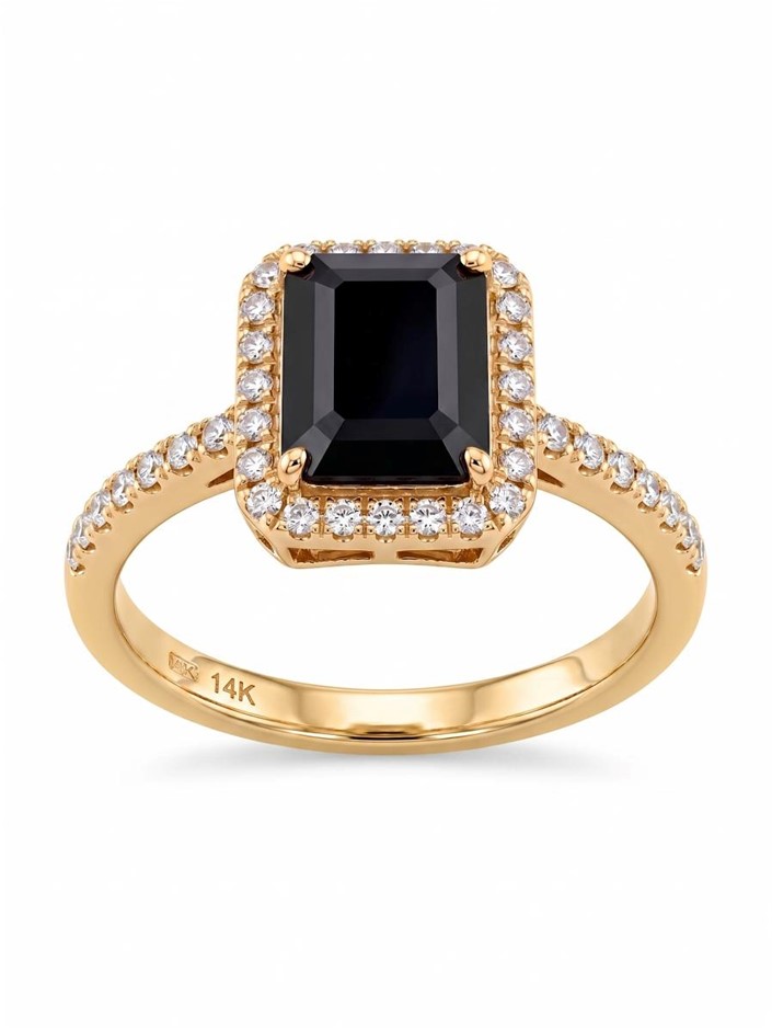 14K/Italy 2.0ct black Emerald Cut Yellow Gold Bonded Ring(stamped) 7US