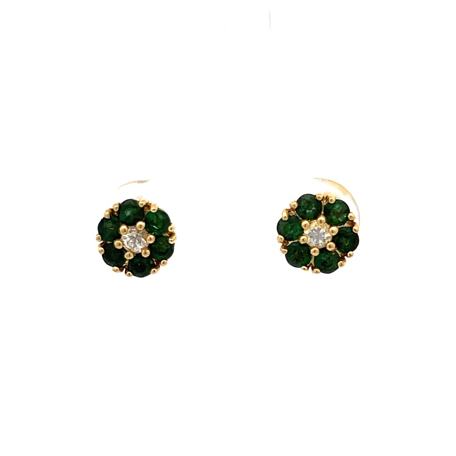 14Ct Yellow Gold Emerald & Diamond Stud Earrings