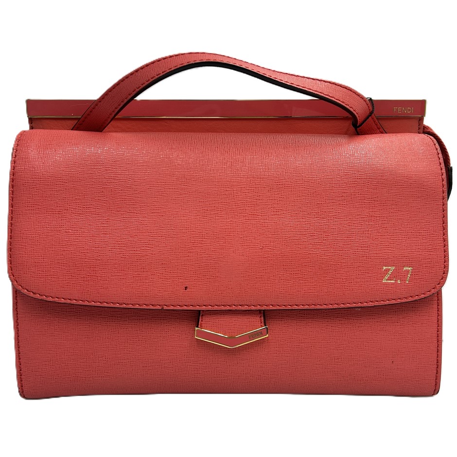 Fendi Red Textured Leather Top Handle Shoulder Bag,