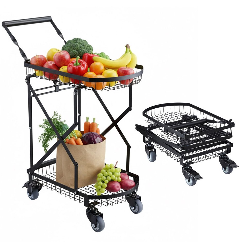 2-Tier Folding Trolley Cart Heavy Duty 100kg Collapsible with Braked Wheels