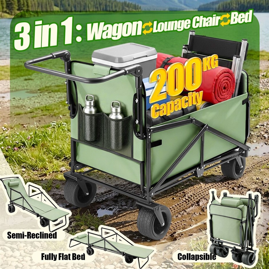 3 in 1 Folding Camping Wagon Convertible to Lounge Chair Bed 200kg Green