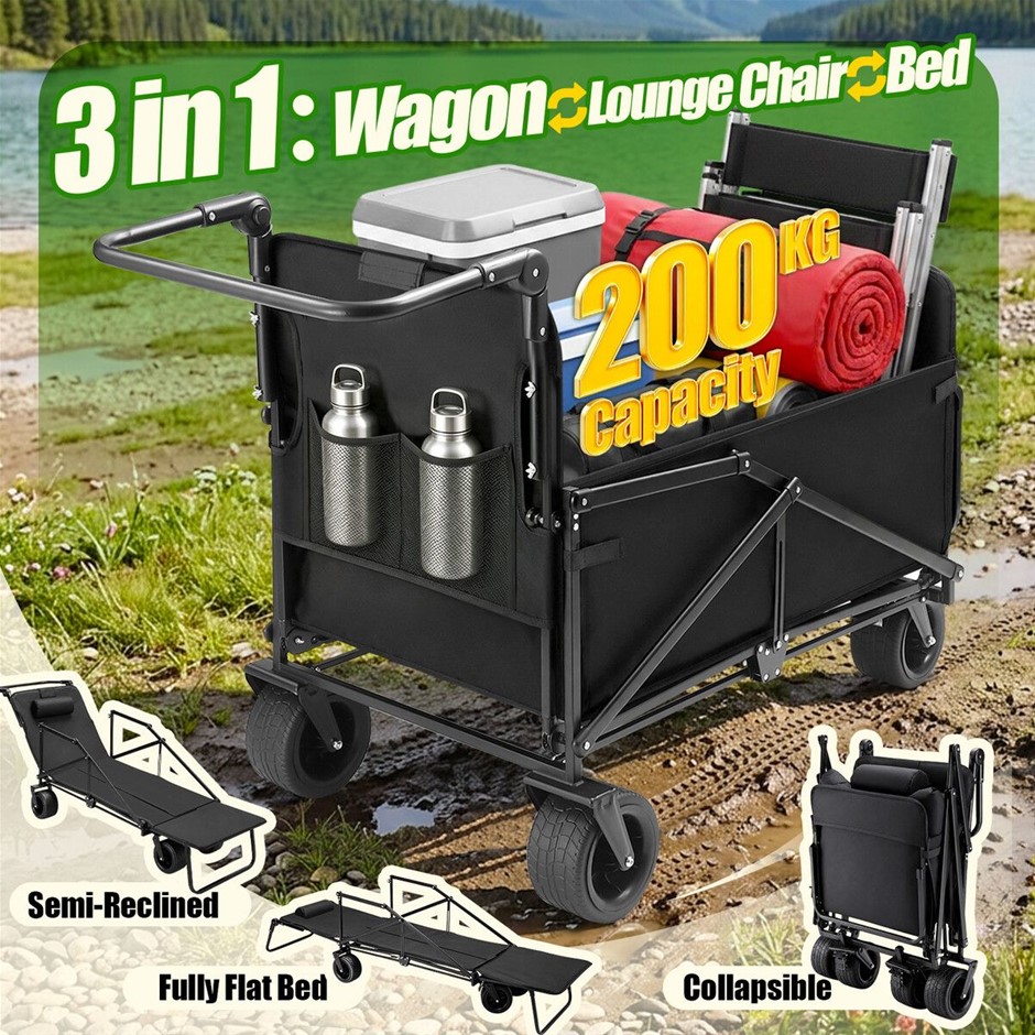 3 in 1 Folding Camping Wagon Convertible to Lounge Chair Bed 200kg Black