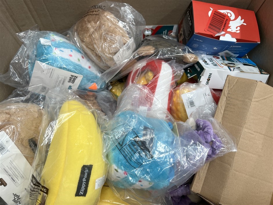 Box Of Assorted Pet Plush Toys. NB: Photo as is. Some Not in Original Packa