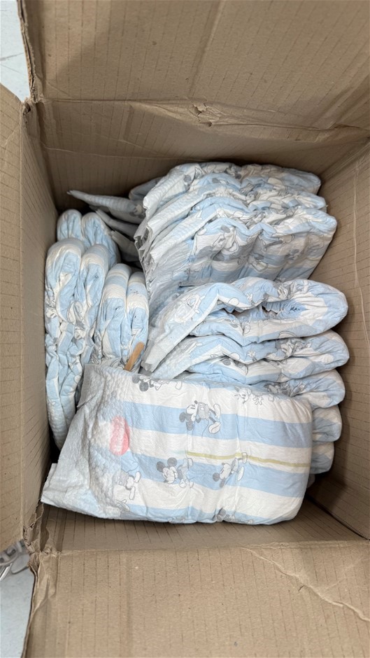 Box of Children/Toddlers Nappies. NB: Not in original packaging, dusty from