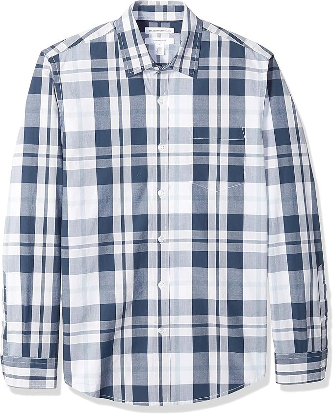 AMAZON ESSENTIALS Men's Slim-Fit LS Poplin Shirt, Size L, White Navy Large