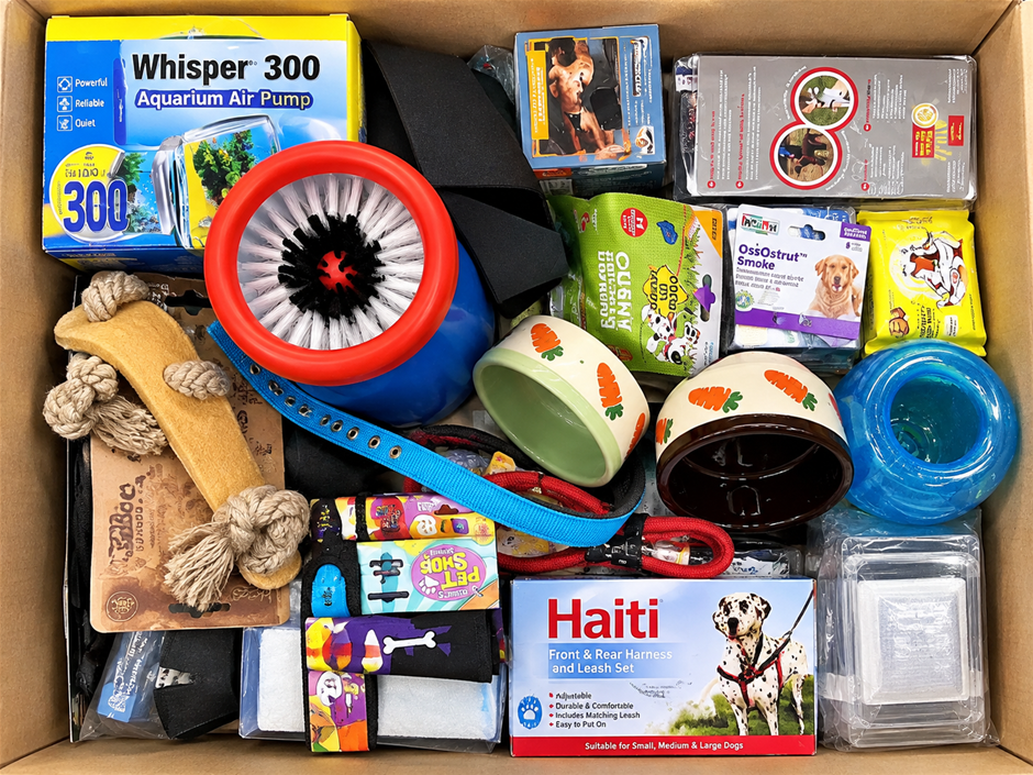 Assorted Pet Supplies & Accessories: Dog Harnesses, Leads, Toys, Bowls, Gro