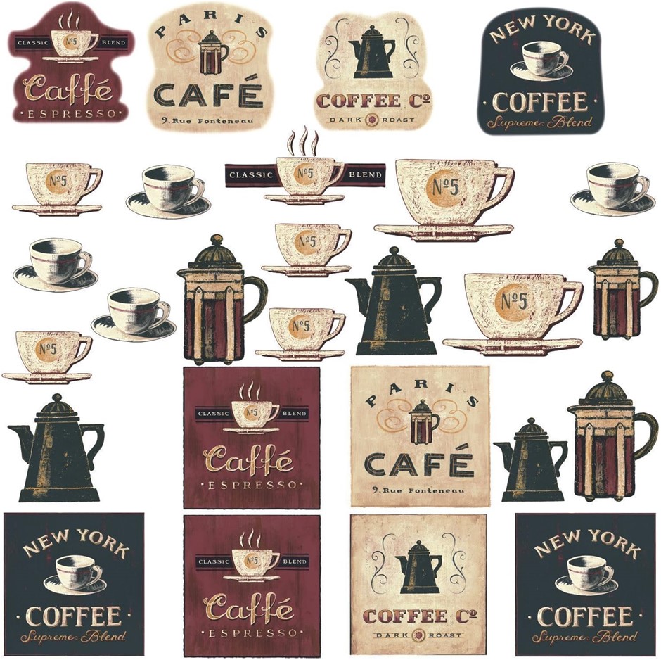 2 X ROOMMATES Coffee House Peel And Stick Wall Decals, 10 inch x 18 inch.