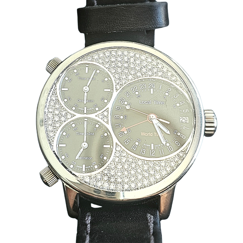 GLYCINE AIRMAN MULTI TIME 53MM CUSTOM 18K WHITE GOLD NATURAL DIAMOND SET