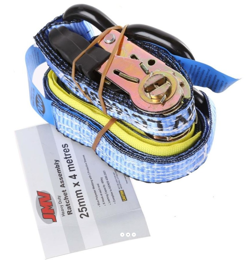 2x JMV 4m x 25mm Ratchet Tie-Down Straps - 2x S Hooks - Heavy Duty 450kg LC