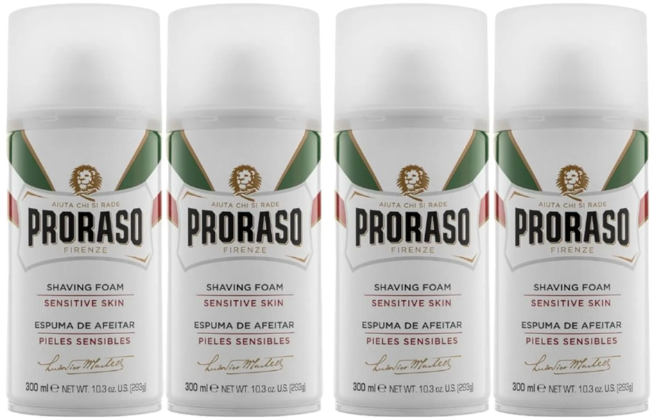 4 x PRORASO Sensitive Skin Anti-Irritation Shaving Foam with Green Tea and
