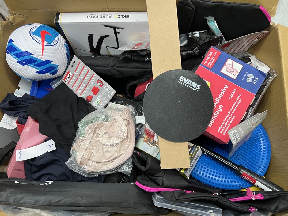 Assorted Box Of Sport Products; Incl. Soccer ball, Heating Pad, Bandages, G