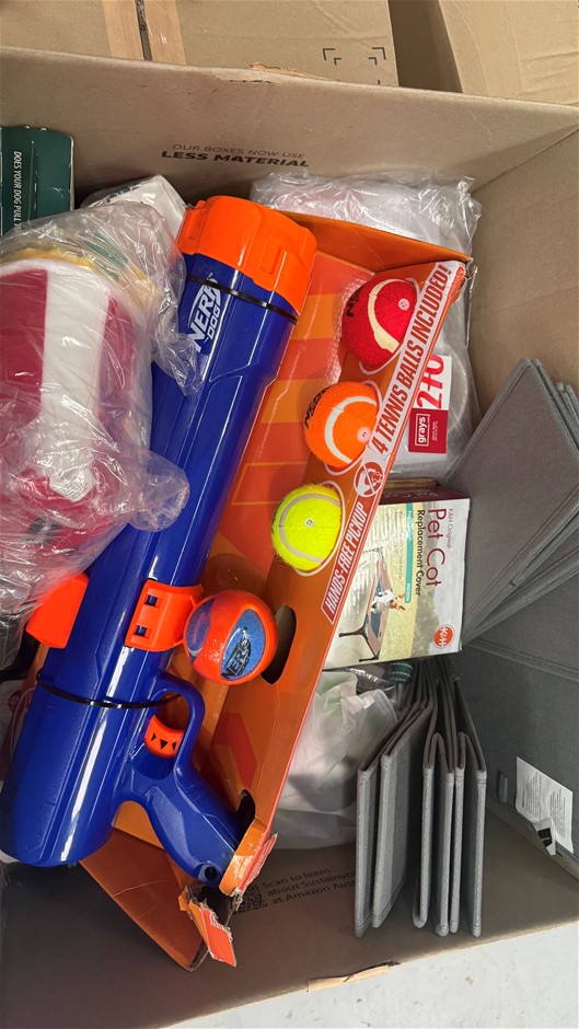 Assorted Box of Pet Items incl: ZippyPaws Plush Toys, NerfDog Launcher and