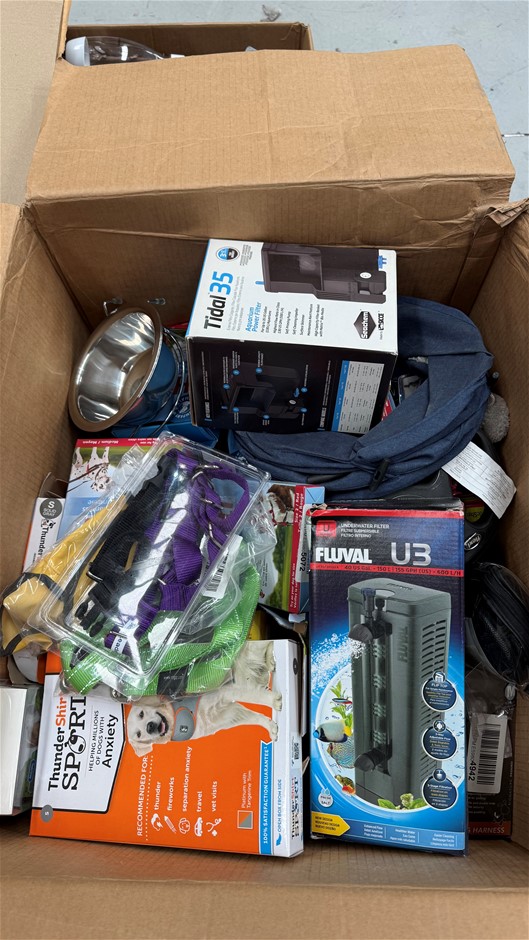 Assorted Box of Pet Items incl: Anxiety vests, Tank Filters, Harnesses and
