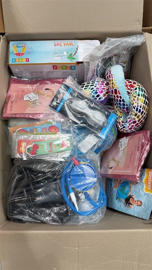 Assorted Box of Outdoor Items incl: Flamingo Pool Floats, Swimming Goggles,