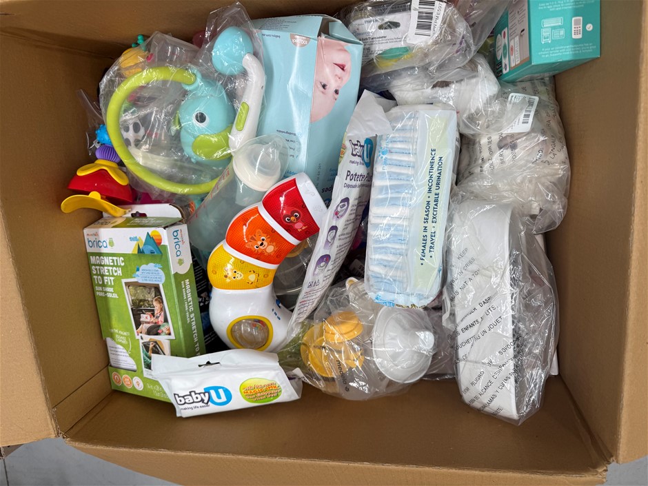 Assorted Box of Baby Items incl: Toys, Medela and more. NB: Items may not b